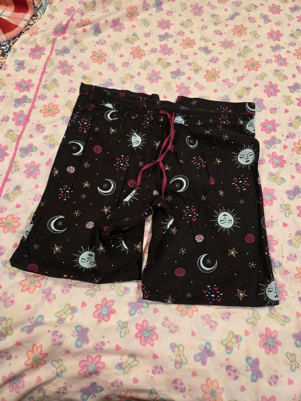 Women's Black Moon & Sun Pajama Pants with Pink Drawstring